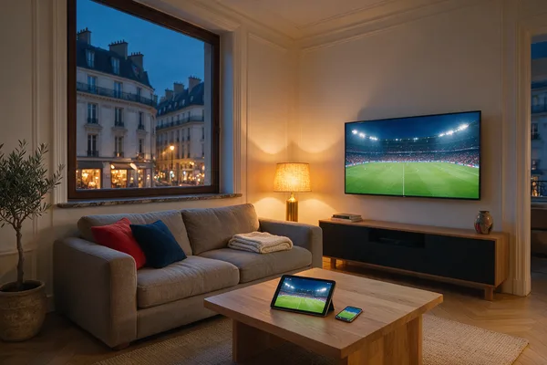 Un salon français où un téléviseur diffuse un match de football, avec le même flux repris sur une tablette et un téléphone